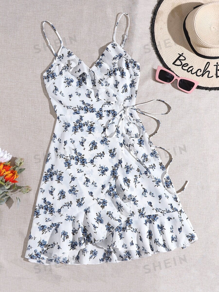 Soleia Vestido De Tirantes Con Estampado Floral Completo, Detalle De Volantes Y Cinturón Para Atar