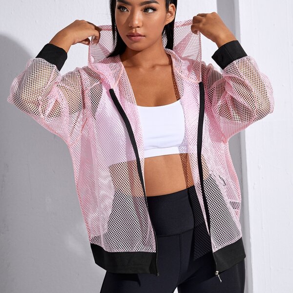 Plus Fishnet Zip Up Hooded Sports Jacket, Baby pink