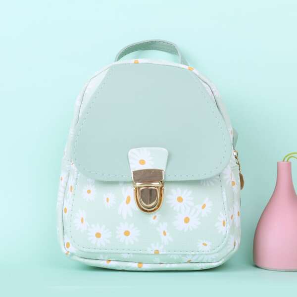 Girls Floral Print Push Lock Flap Backpack, Green