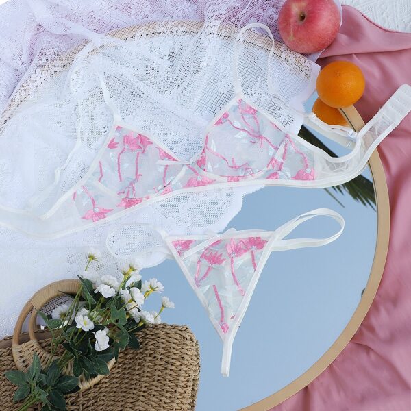 Floral Embroidered Mesh Lingerie Set, White