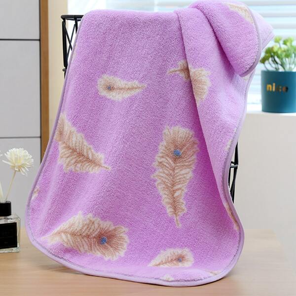 1pc Feather Print Bath Towel, Purple