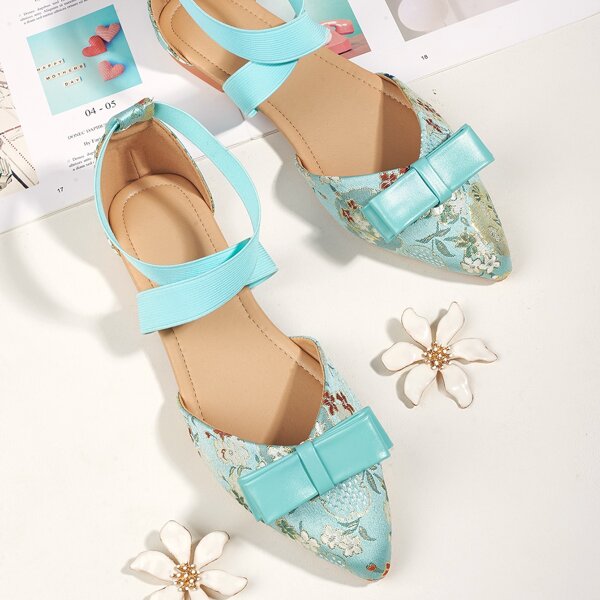 Bow Decor Floral Embroidery Flats, Baby blue