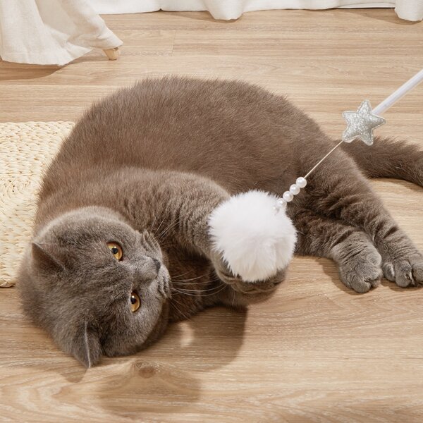 1pc Pom Pom Decor Cat Teaser Stick, White