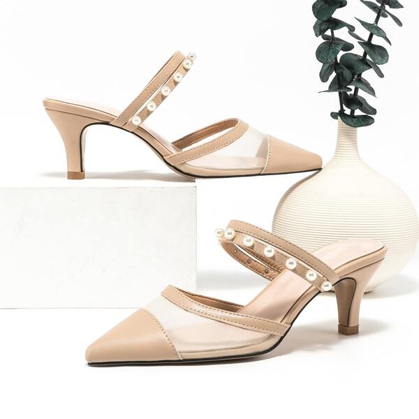 Faux Pearl Decor Point Toe Mules, Apricot