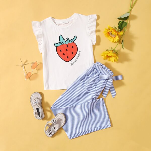 Girls Strawberry & Letter Graphic Ruffle Armhole Top & Striped Pants Set, Blue and white
Girls Strawberry & Letter Graphic Ruffle Armhole Top & Striped Pants Set, Blue and white