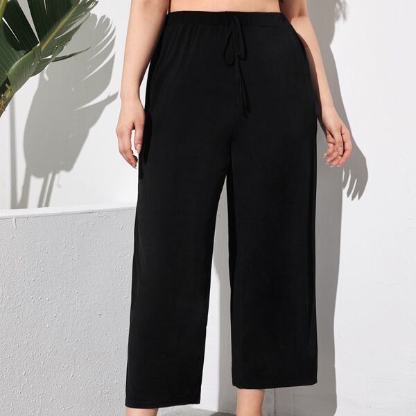 Plus Solid Wide Leg Pants, Black