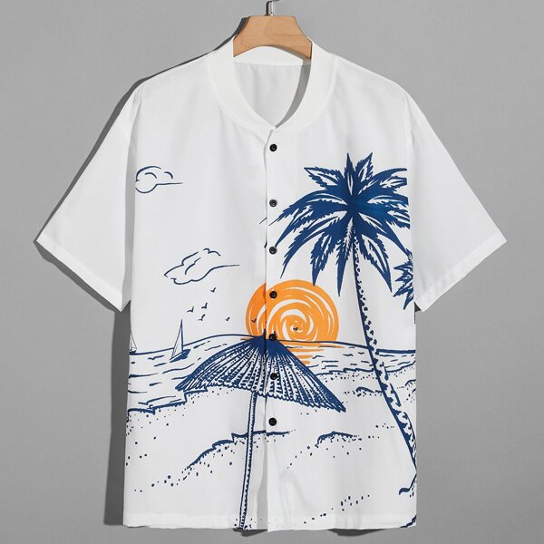 Men Tropical Print Button Through Shirt, White