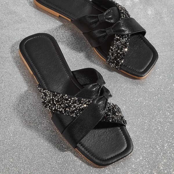 Rhinestone Decor Slide Sandals, Black