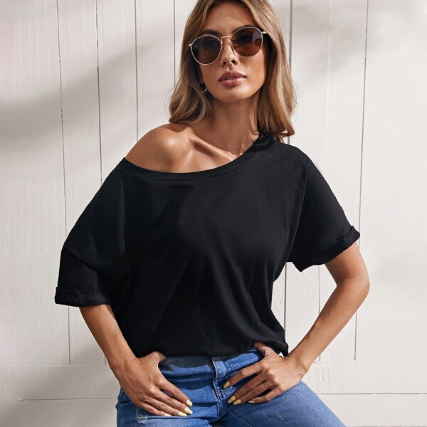 Rolled Cuff Solid Tee, Black
