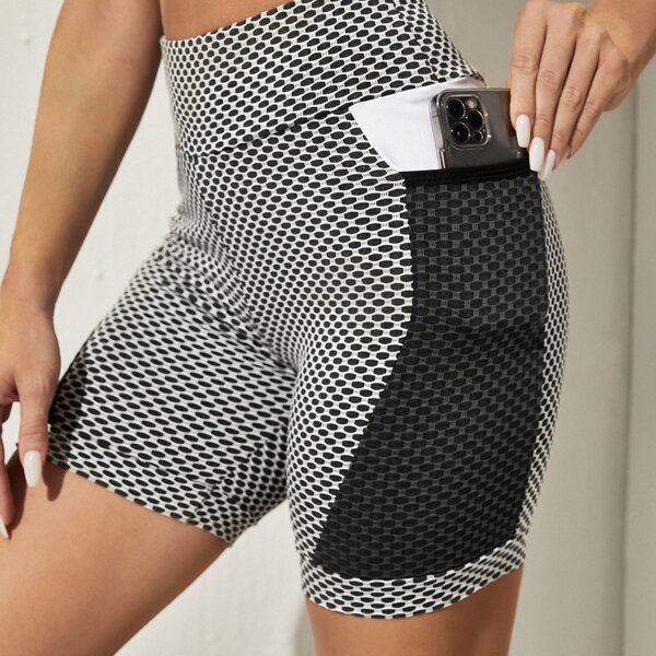 Honeycomb Textured Contrast Mesh Phone Pocket Side Sports Biker Shorts, Black and white
Honeycomb Textured Contrast Mesh Phone Pocket Side Sports Biker Shorts, Black and white