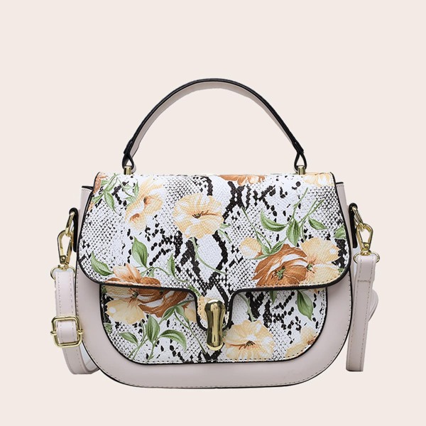 Floral & Snakeskin Print Satchel Bag, White