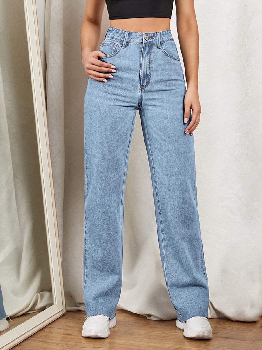 SHEIN EZwear Zipper Fly Straight Leg Jeans
