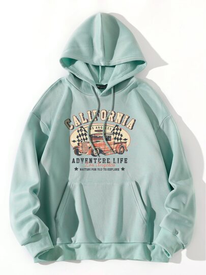 Slogan Graphic Kangaroo Pocket Thermal Drawstring Hoodie