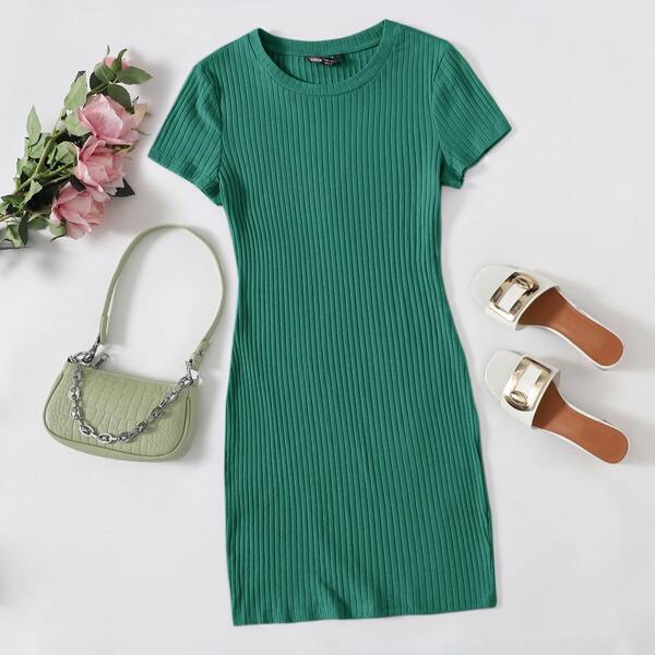 Solid Rib-knit Bodycon Dress, Green