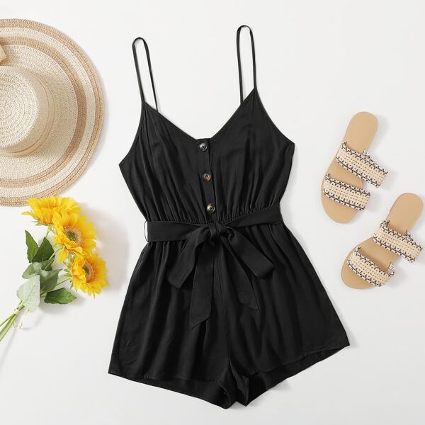 Single Breasted Solid Cami Romper, Black