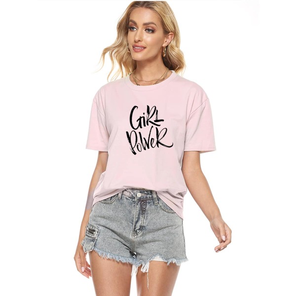 Slogan Graphic Drop Shoulder Tee, Baby pink