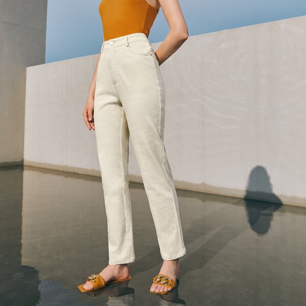 Slant Pocket Solid Pants, Beige