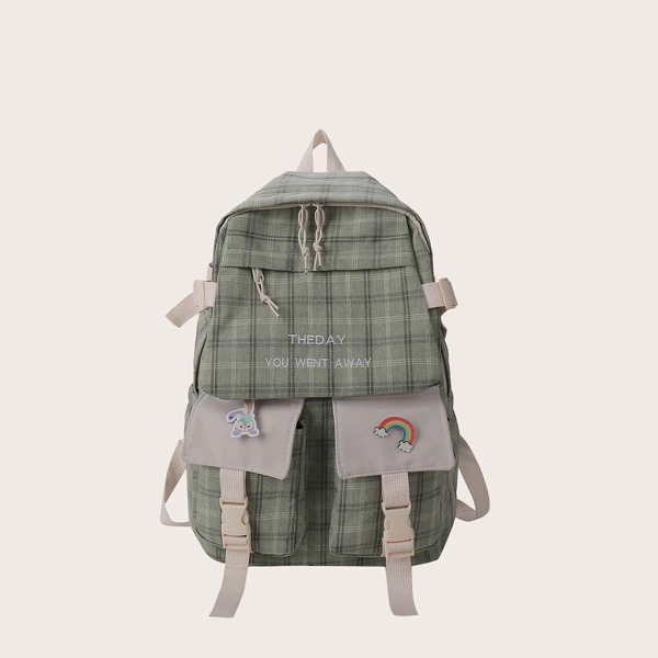 Letter Embroidery Plaid Pattern Classic Backpack, Green