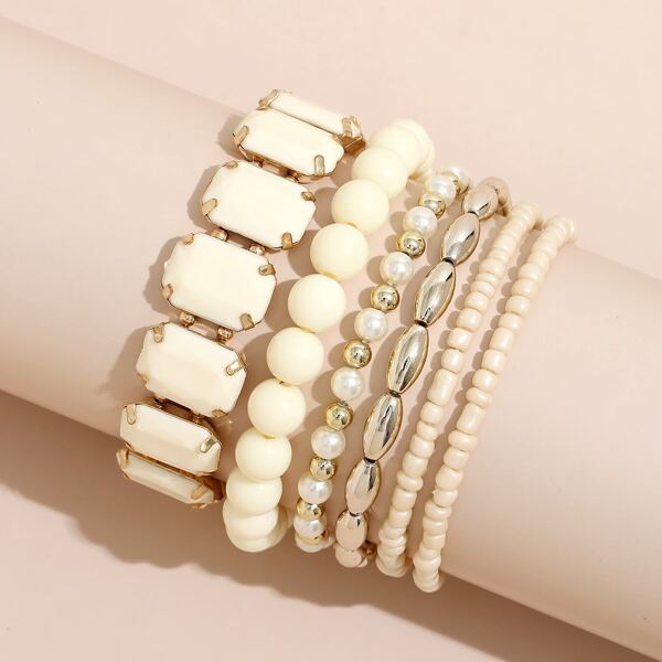 6pcs Geometric Beaded Bracelet, White