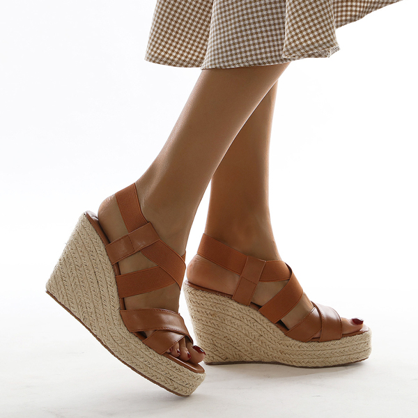 Cross Strap Espadrille Wedge Sandals, Brown