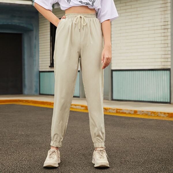 Drawstring Waist Cord Tapered Pants, Beige