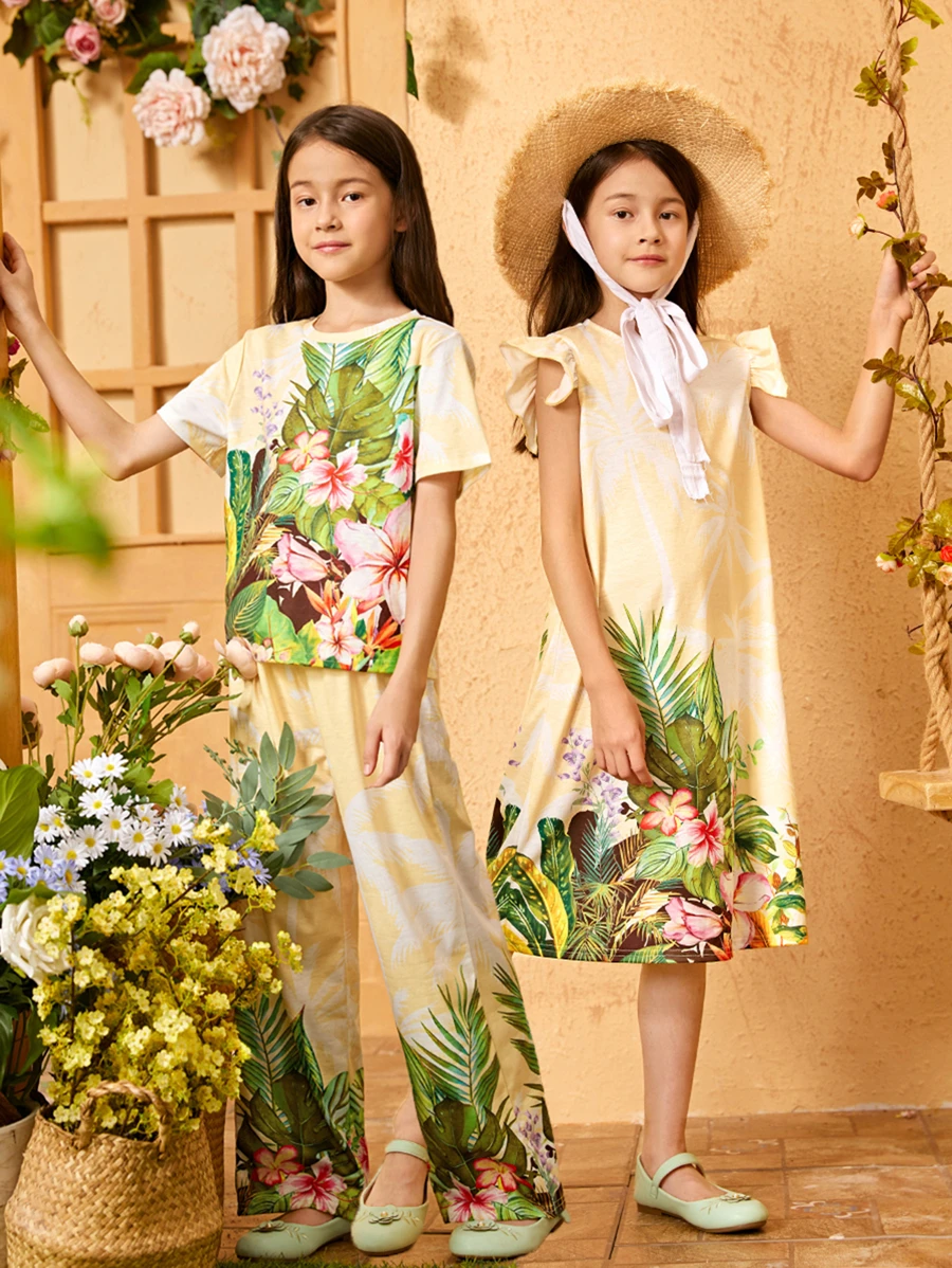 SHEIN Girls Tropical Print Tee & Pants Set With Dress