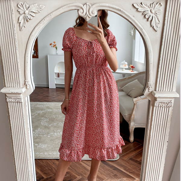 Ditsy Floral Print Ruffle Hem Dress, Red
