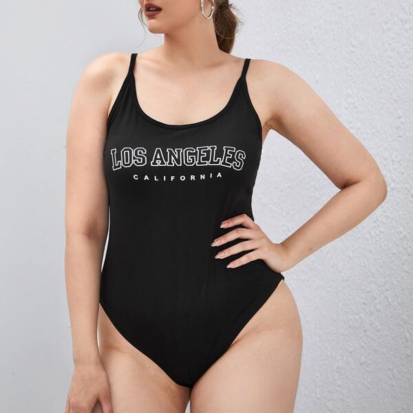 Plus Letter Graphic Cami Bodysuit, Black