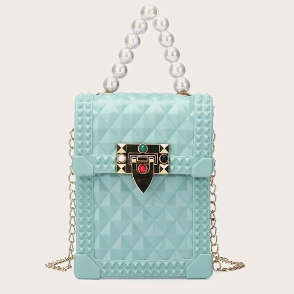 Faux Pearl Beaded Flap Chain Bag, Green