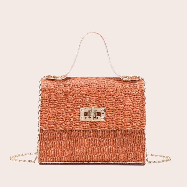 Flap Chain Straw Bag, Brown