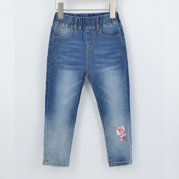 Toddler Girls Floral Print Tapered Jeans, Medium wash