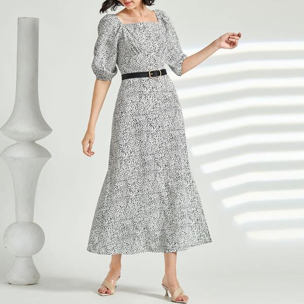 Square Neck Dalmatian Print Belted Dress, Black and white