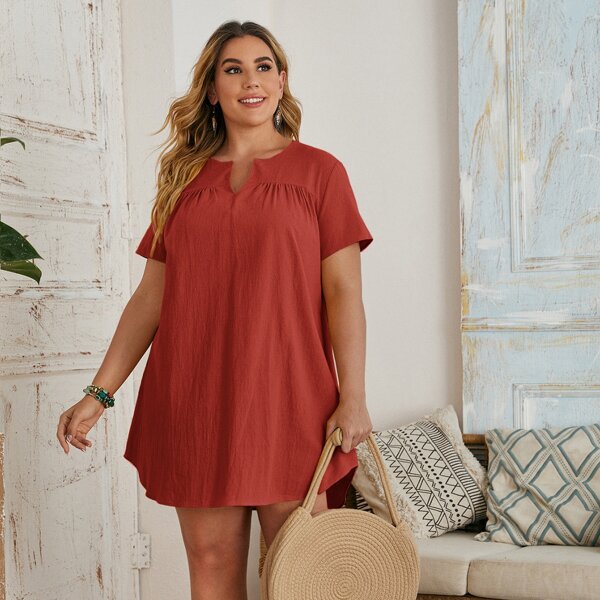 Plus Solid Notch Neck Dress, Burnt orange