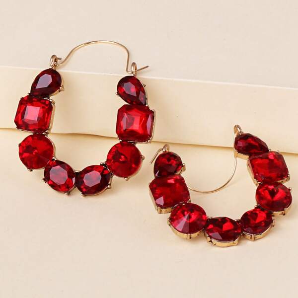 Rhinestone Decor Hoop Earrings, Red