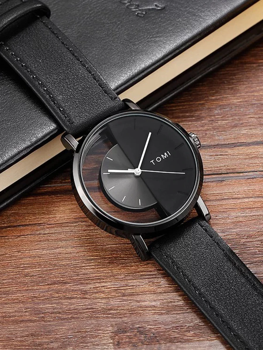 TOMI Men's Simple & Fashionable Half-See-Through Dial With Leather Strap Watch As A Gift For Students Returning To School