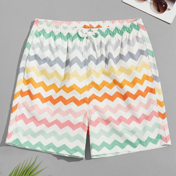 Men Chevron Print Swim Trunks, Multicolor