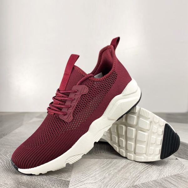 Men Minimalist Lace Up Decor Knit Breathable Sneakers, Burgundy