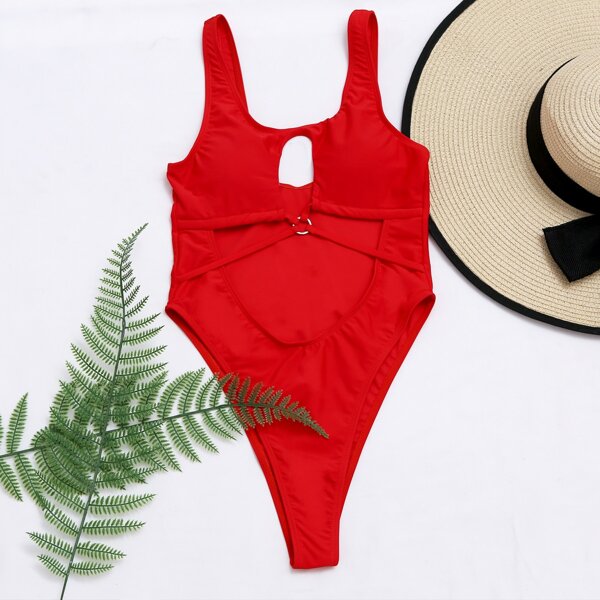 Cut Out Front High Leg One Piece Swimsuit, Red 
Cut Out Front High Leg One Piece Swimsuit, Red
