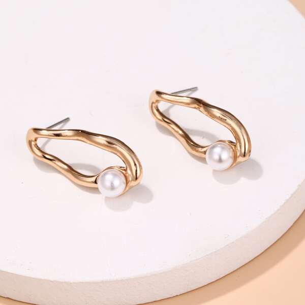 Faux Pearl Decor Stud Earrings, Gold