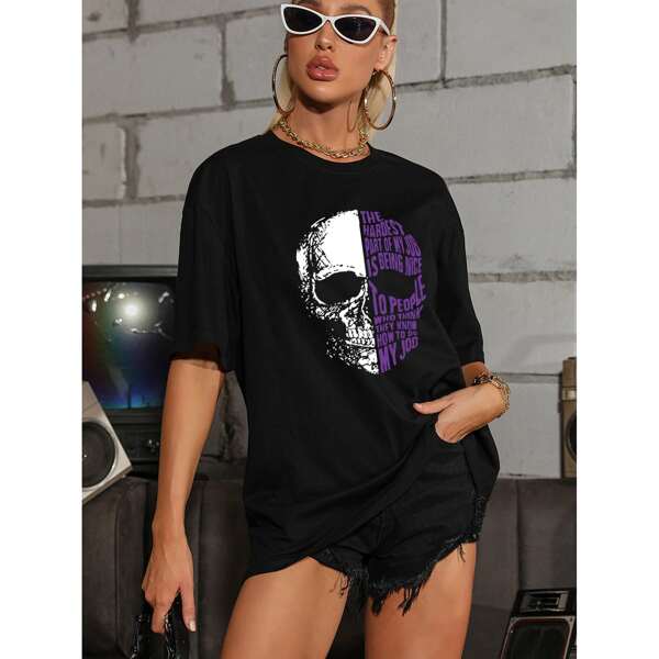 Skeleton And Letter Graphic Tee, Black