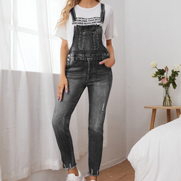 Maternity Ripped Raw Hem Denim Overalls, Grey