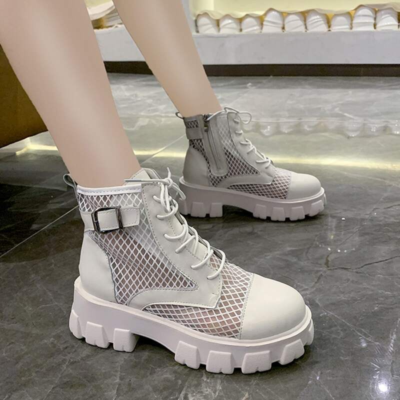 Buckle Decor Fishnet Combat Boots, Beige 
Buckle Decor Fishnet Combat Boots, Beige