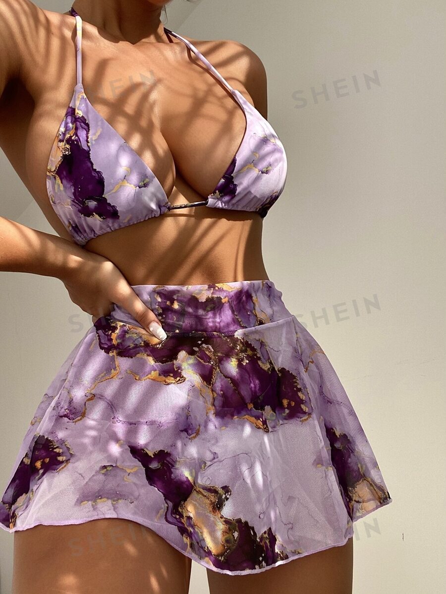 SHEIN Swim Set de bikini cu imprimeu marmură, sutien micro triunghi, top și fustă cu tanga și acoperire Costum de baie 3 piese