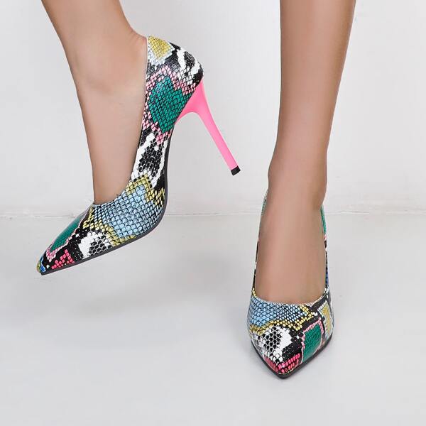 Snakeskin Stiletto Court Heels, Multicolor
