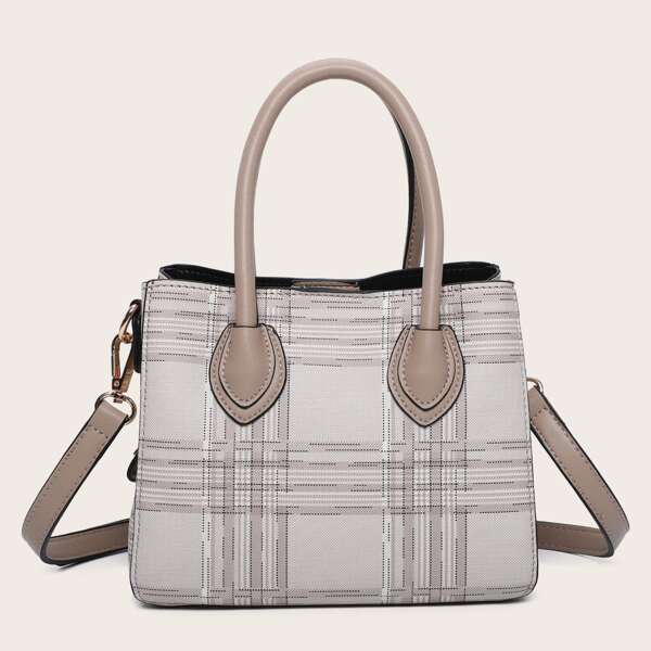 Tartan Satchel Bag, Light grey