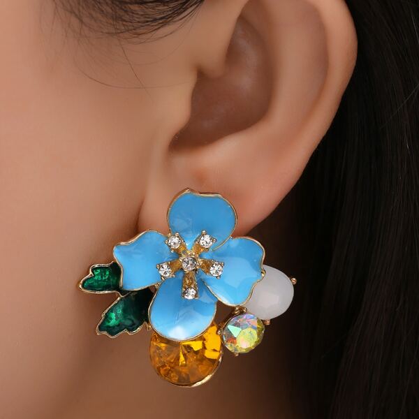 Rhinestone Flower Decor Stud Earrings, Blue