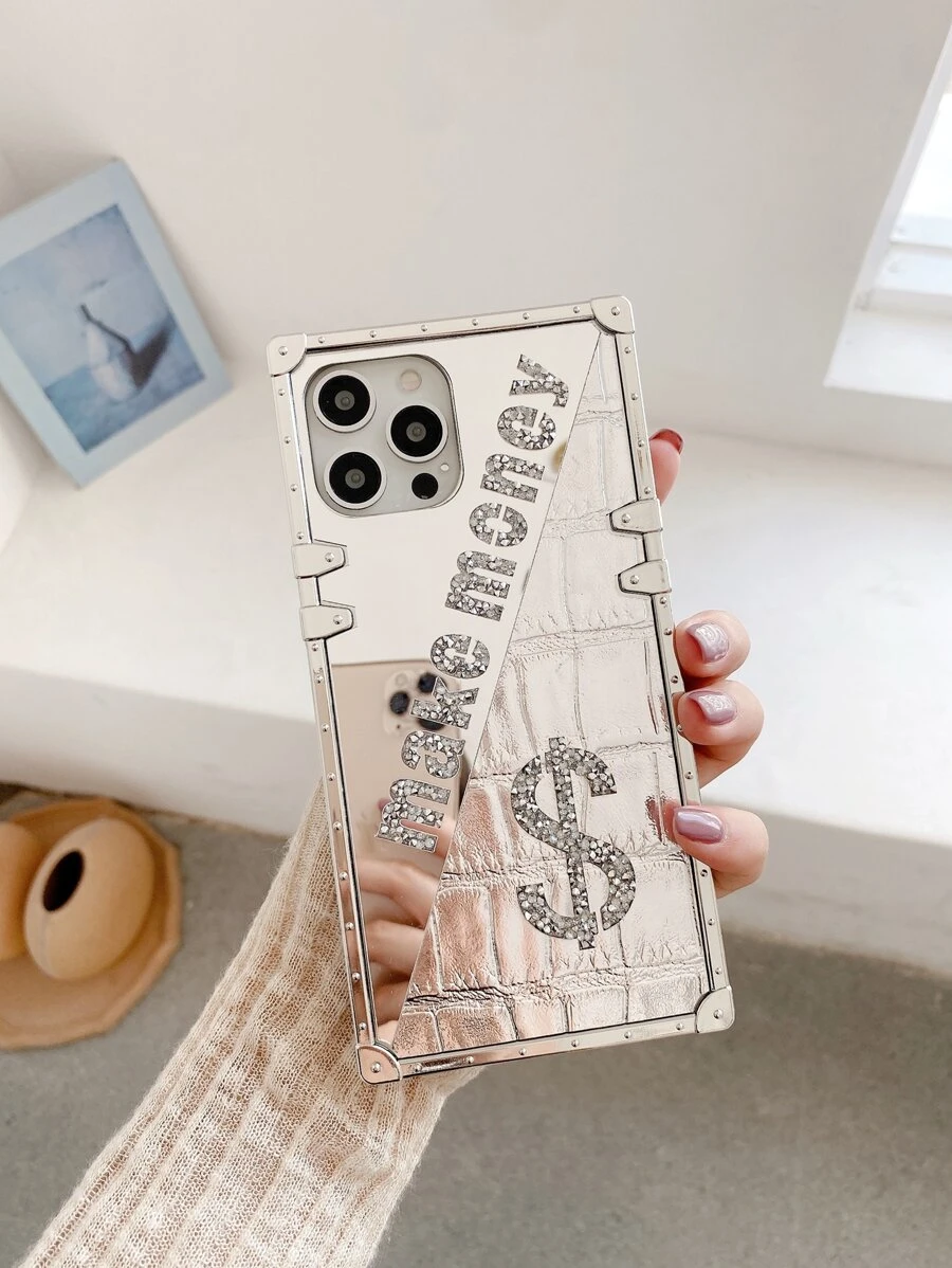 1pc 'make Money' Mirror Rhinestone Inlay Phone Case Compatible With Iphone 13