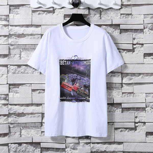Men Letter And Car Print Tee, White