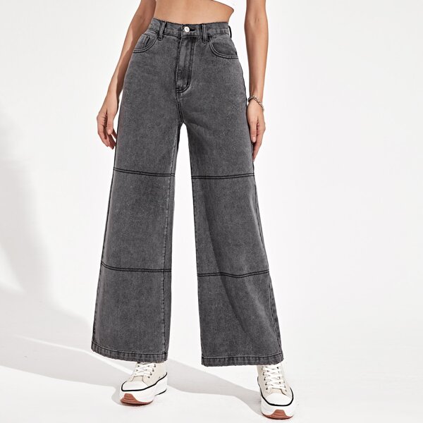 High Waist Wide Leg Jeans Without Belt, Grey