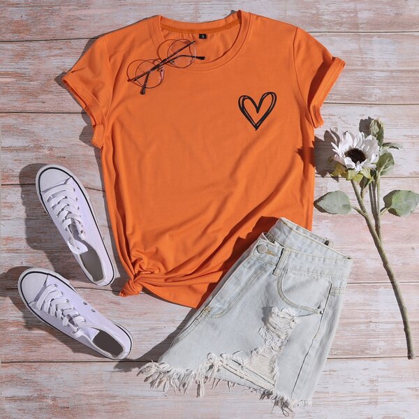 Heart Print Crew Neck Tee, Orange